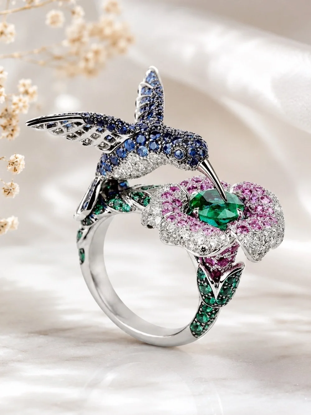 Luxury Hummingbird & Bloom Statement Ring | Crystal Bird Floral Cocktail Ring |